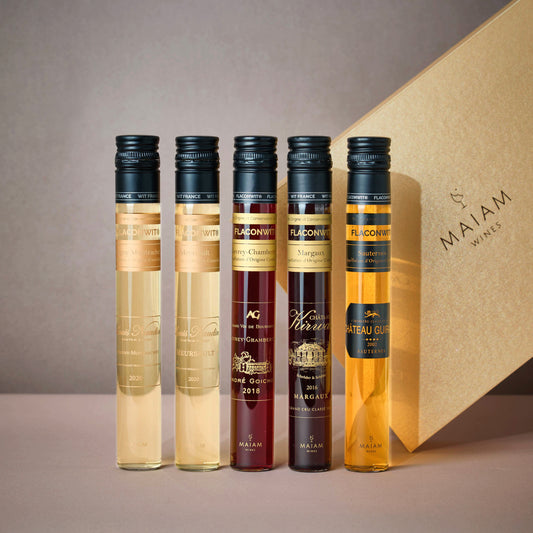 MAIAM エトワール・リュクス 5本セット。フランス5大産地のワインが並び、後ろに上品なギフトボックスが添えられたメイン写真。